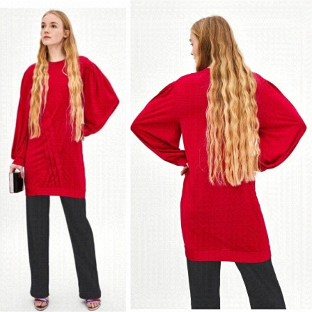 Zara Trafaluc Red Pleated Balloon‎ Sleeve Mini Dress Tunic Top Crew Neck Medium